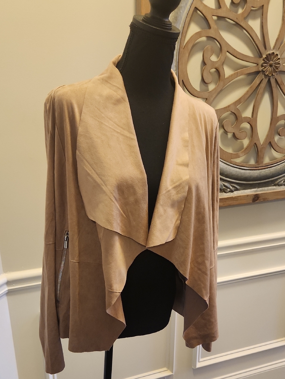 Open-Front Suede-Look Draped Jacket - Tan